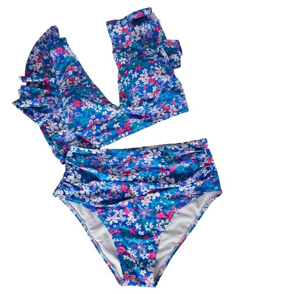 Womens Med Floral Ruffled Bikini Set Tropical High Waist Two-Piece Swimsuit Blue - Picture 6 of 8